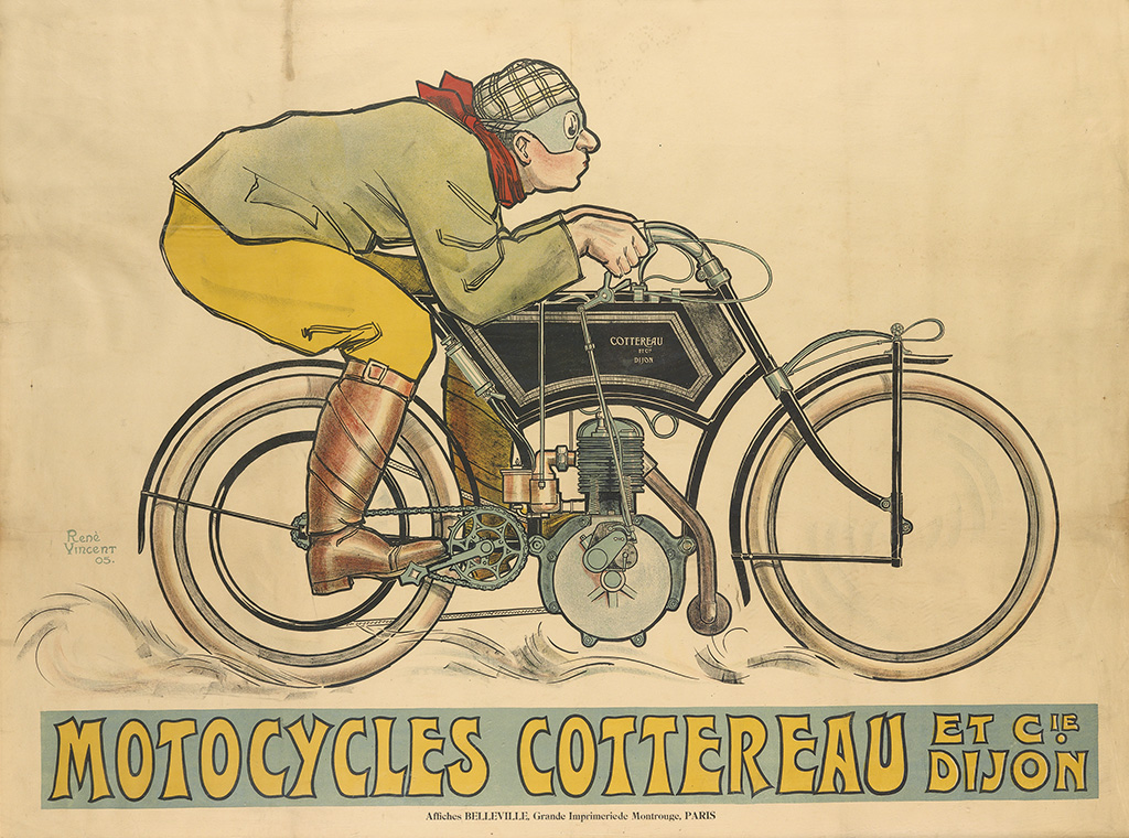 Motocycles Cottereau et Cie Dijon, man in yellow pants on a bicycle
