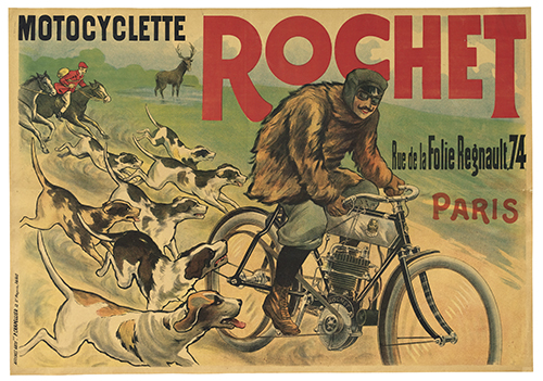 Motocyclette Rochet, man on bicycle chased by dogs