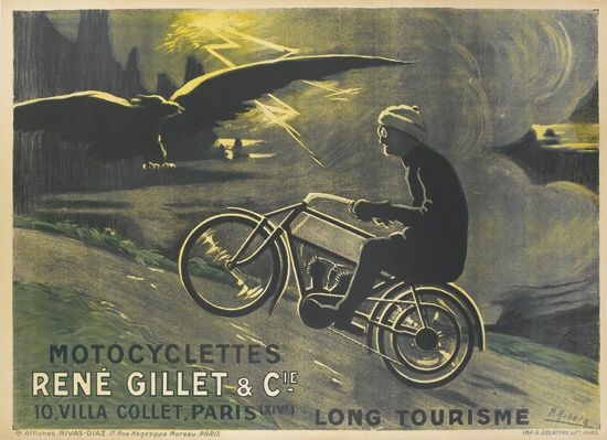 Motocyclettes Rene Gillet and Cie, man on bicycle, large bird