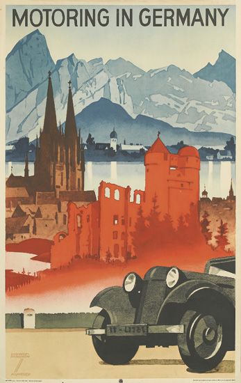 Motoring in Germany, black car, mountains