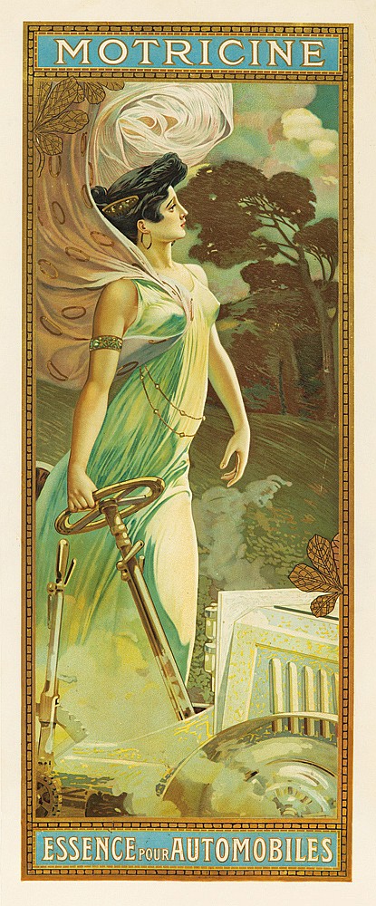 Motricine Essence pour Automobiles, woman in blue with a car