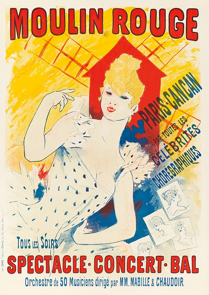 Moulin Rouge Paris Cancan, woman in white, red windmill, larger poster