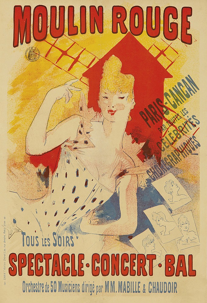 Moulin Rouge Spectacle Concert Bal, woman in white, red windmill, small poster