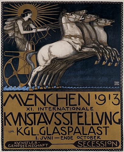 Muenchen 1913, Kunstausstellung KGL Glaspalast, horse drawn chariot