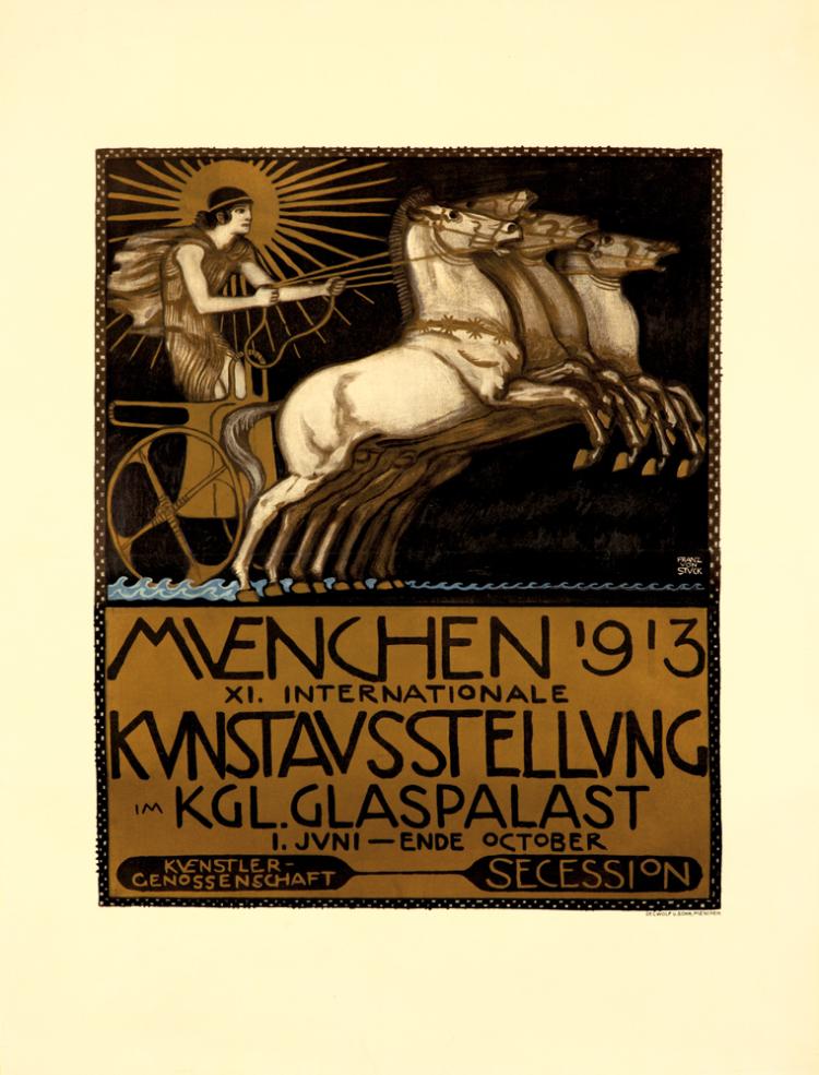 Muenchen 1913, Kunstausstellung KGL Glaspalast, horse drawn chariot, larger poster