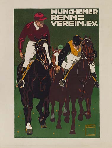 Munchener Renn Verein E.V.,  green poster, jockeys and horses