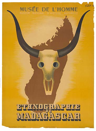 Musee de L’Homme, skeleton head of an animal, Ethnographie de Madagascar, yellow poster