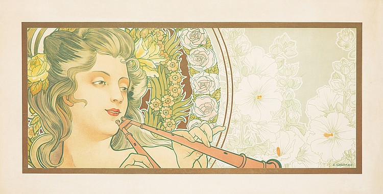 Wordless poster, woman plays an instrument, long white flowered poster