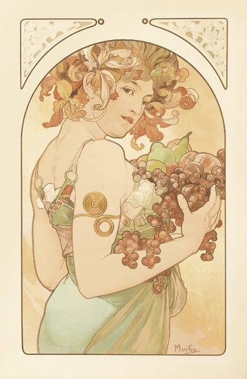 Woman holds grapes and fruit