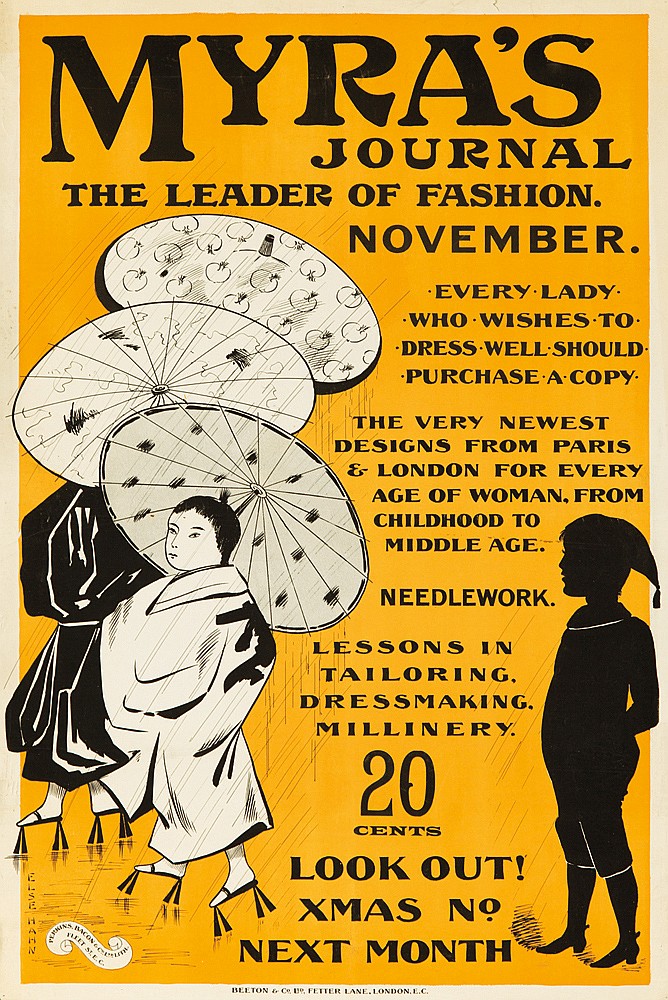 Myras Journal The Leader of Fashion November, Asian parasols, yellow poster