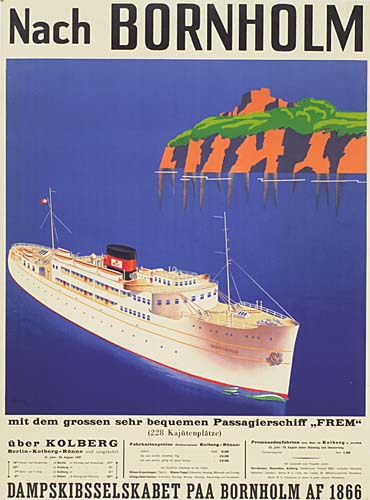 Nach Bornholm, white ship, blue poster