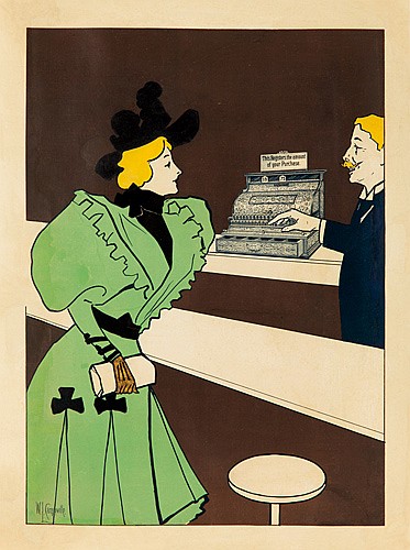 Woman in green, cash register