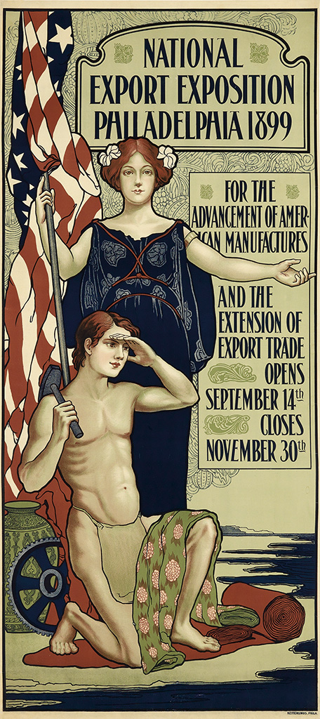 National Export Exposition Philadelphia 1899, man in loin cloth, woman in blue holds American flag