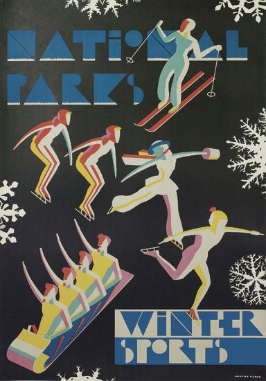National Parks Winter Sports, black poster, skiing, skating, sledding