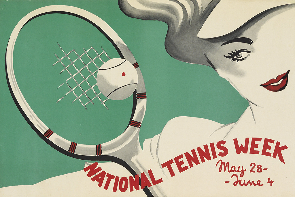 National Tennis Week, green poster, woman plays tennis