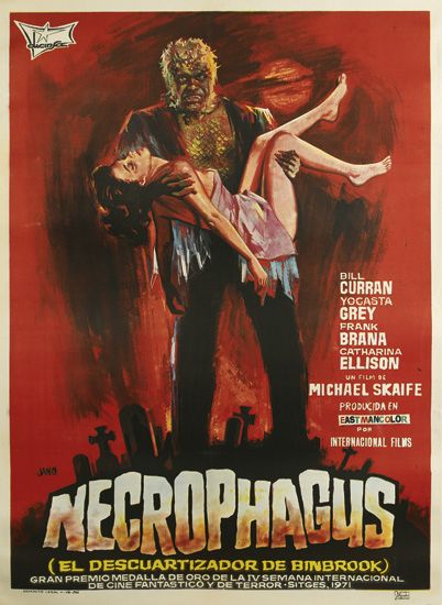 Necrophagus, red poster, monster holds woman