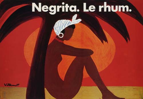 Negrita Le Rhum, red poster, nude woman sits on the beach, smaller poster