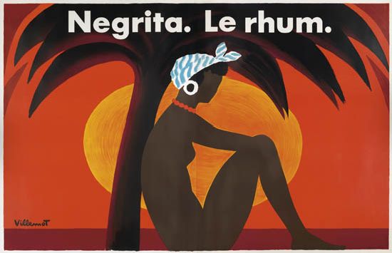 Negrita Le Rhum, red poster, nude woman sits on the beach