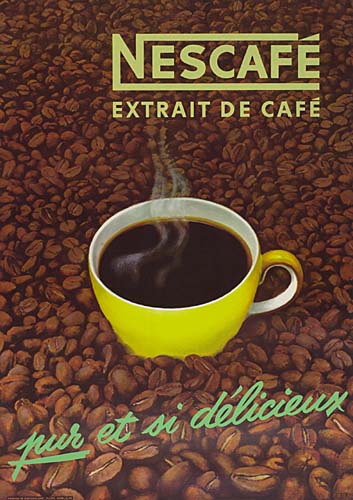 Nescafe Extrait de Cafe, yellow coffee cup, coffee beans