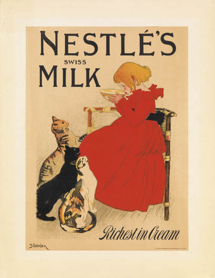 Nestle’s Swiss Milk, Richest in Cream, little girl in red, cats