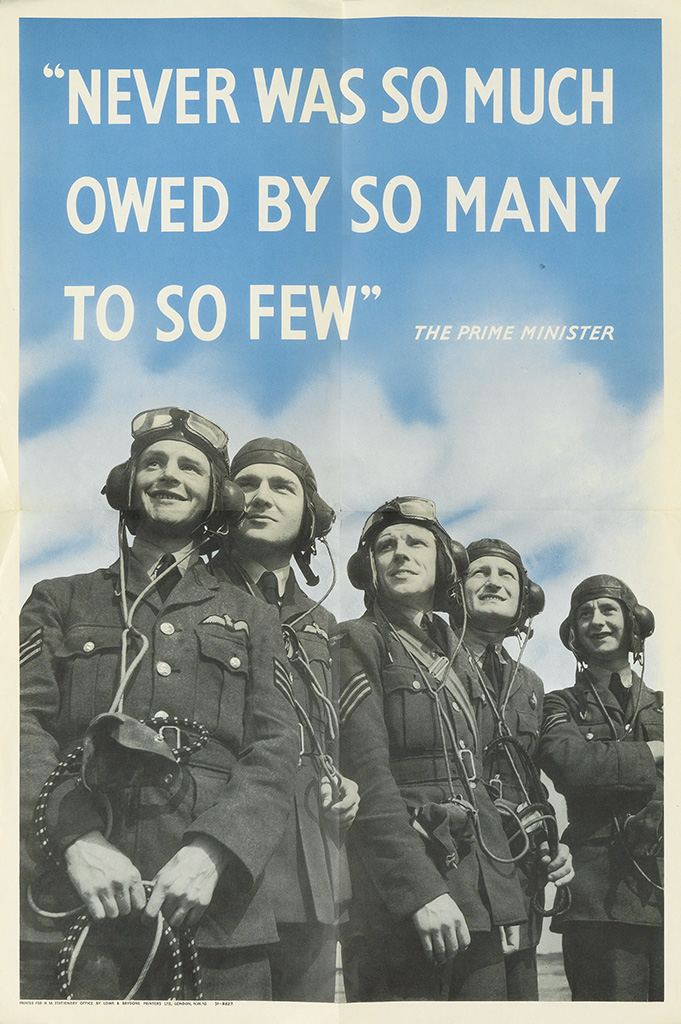 Pilots in uniform, blue poster, Never was so much owed