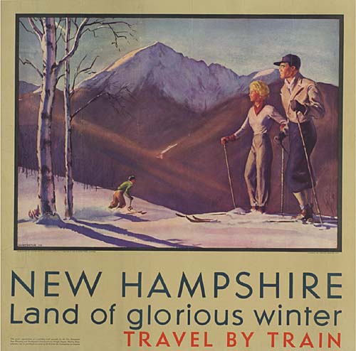 New Hampshire, Land of Glorious Winter, Travel by Train, couple skiing