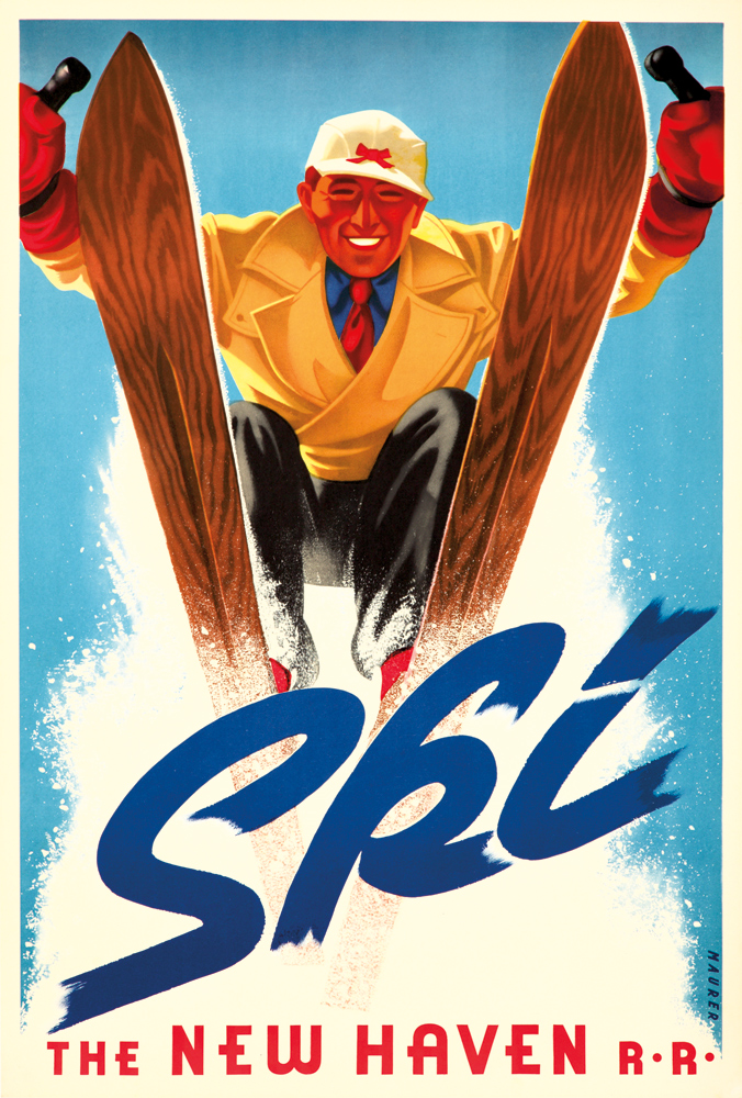 Ski, The New Haven Railroad, man in yellow jumps