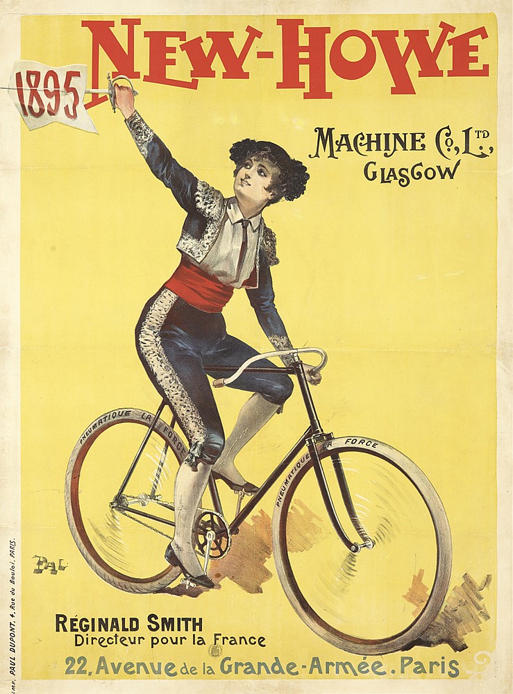 New Howe, yellow poster, woman rides bicycle