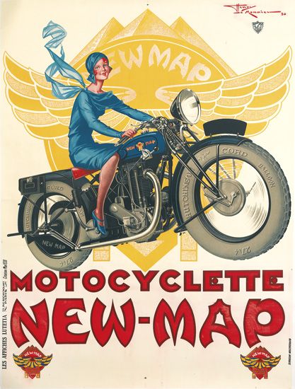 Motocyclette New-Map, yellow poster, woman on motorcycle