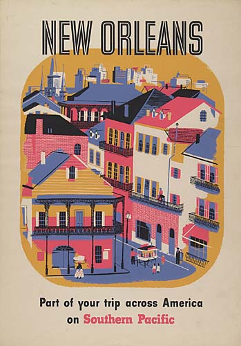 New Orleans, Southern Pacific, purple, orange, and pink houses