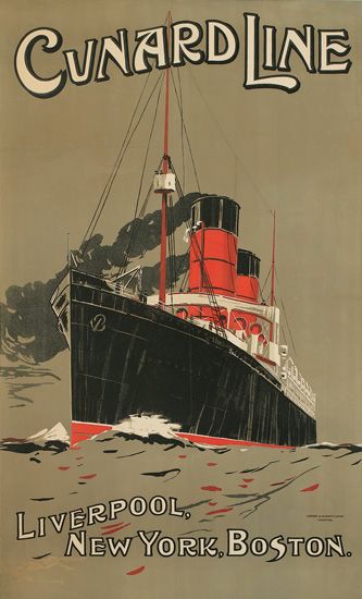 Cunard Line Liverpool, New York, Boston, black ship at stormy seas