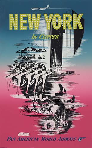 New York by Clipper, Pan American World Airways, rainbow poster, dancers