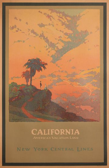 California, America’s Vacation Land, New York Central Lines, sunset, mountains