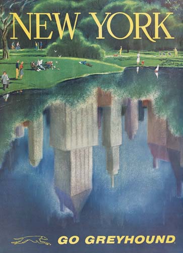 New York, Go Greyhound, reflect of skyline in a pond
