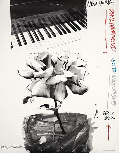 New York Philharmonic 150th Anniversary, 1992, black and white poster, flower, piano’s keys