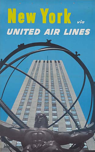 New York via United Air Lines, blue poster, Rockefeller Center