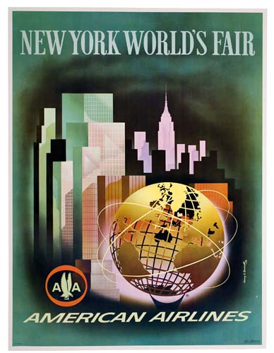 New York World’s Fair, American Airlines, green poster, skyscrapers