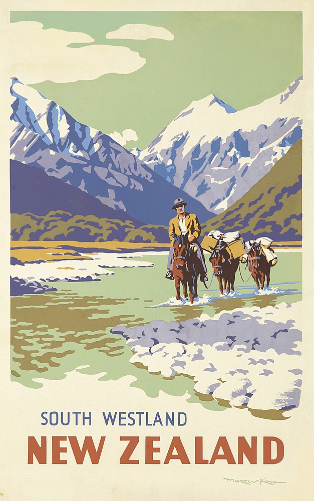 South Westland New Zealand, man rides horse, mountains