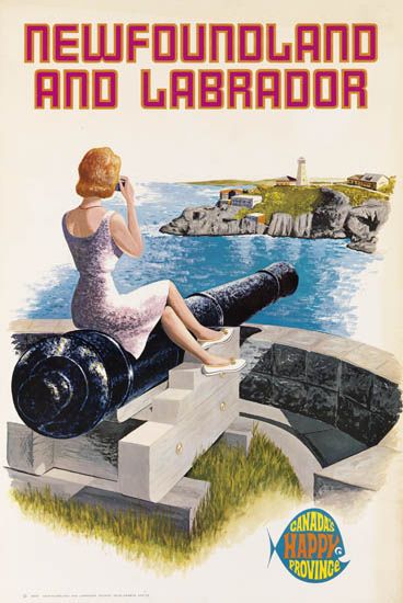 Newfoundland and Labrador, Canada’s Happy Province, woman sits on a cannon