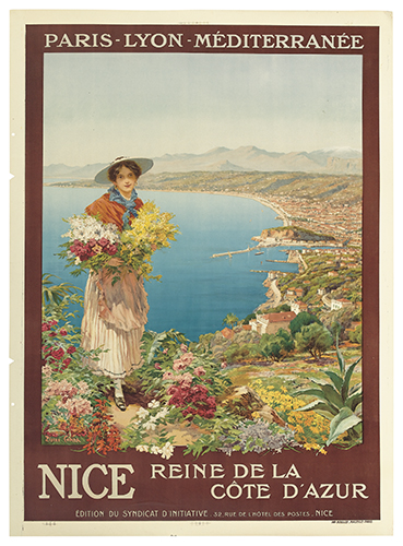 Nice Reine de la Cote D’Azur, brown poster, woman hold flowers