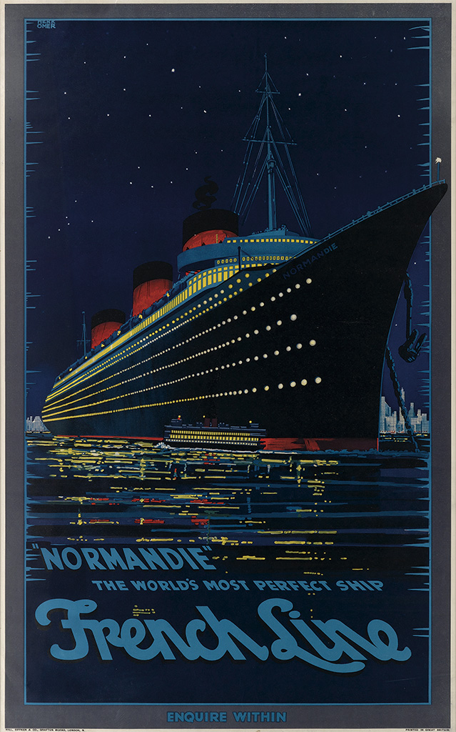 Normandie, French Line, blue poster, black ship