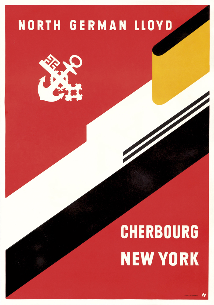 North German Lloyd, red poster, Cherbourg New York