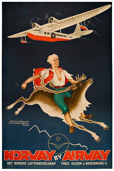 Norway by Airway, blue poster, man rides reindeer