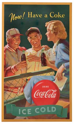 Now! Have a Coke, Drink Coca-Cola Ice Cold, woman and baseball players drink Coke