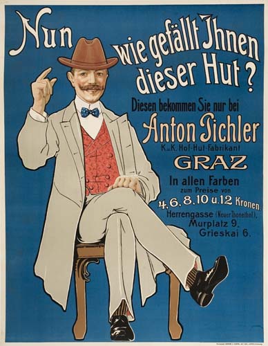 Nun wie gefallt Jhnen dieser Hut? Man in suit sits, blue poster