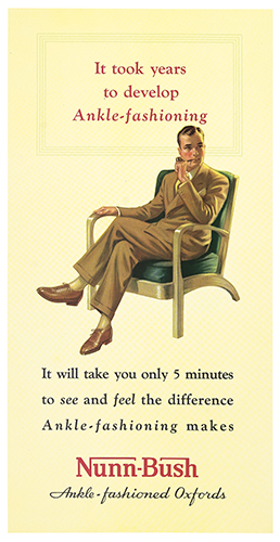 Ankle-Fashioning, Nunn-Bush, man in suit lounges in a chair, long poster