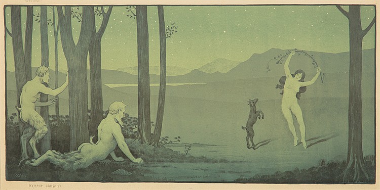 Nude woman dances in the woods, fauns look on