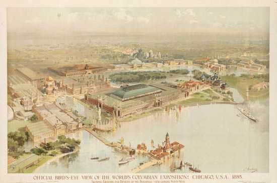 Official Bird’s Eye View of the Wold’s Columbian Exposition, Chicago, USA, 1893, aerial view of the exposition