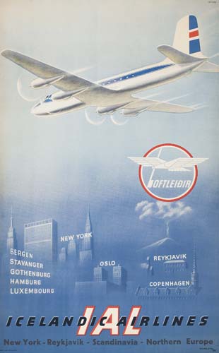 Icelandic Airlines, blue poster, white plane
