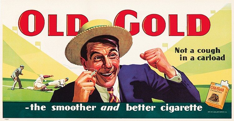 Old Gold, Not a cough in a carload, man in blue coat smoking, baseball